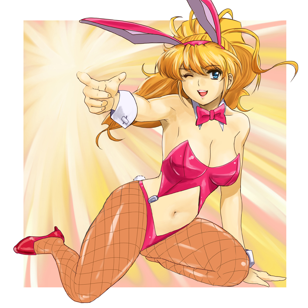 blonde_hair, blue_eyes, breasts, bunny_ears, bunnysuit, cleavage, excellen_browning, fishnet_pantyhose