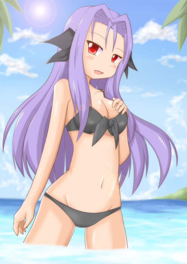 1girl, bikini, long_hair, lutecia_alpine, lyrical_nanoha, mahou_shoujo_lyrical_nanoha_strikers, purple_hair, red_eyes