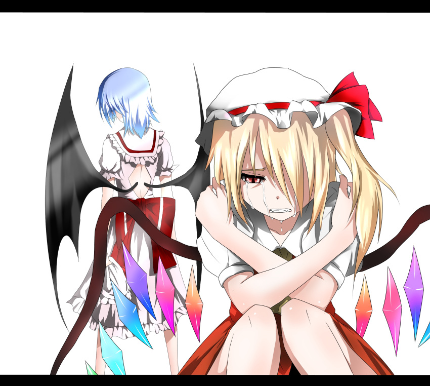 2girls, back_cutout, bat_wings, blonde_hair, blue_hair, bow, clenched_teeth, crossed_arms