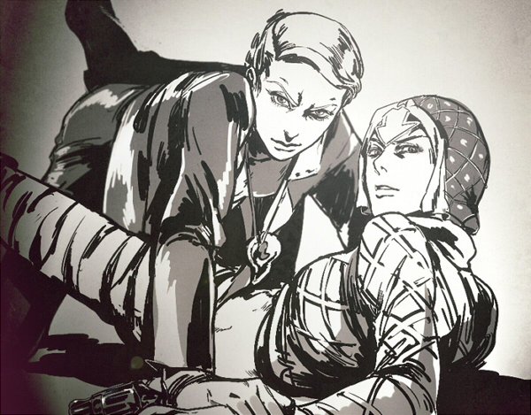 2boys, ataraxa, guido_mista, jojo_no_kimyou_na_bouken, monochrome, multiple_boys, prosciutto