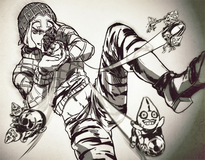 1boy, ataraxa, guido_mista, gun, hat, jojo_no_kimyou_na_bouken, midriff, revolver