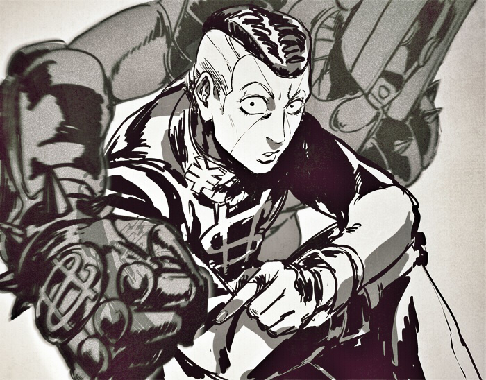 2boys, ataraxa, gakuran, jojo_no_kimyou_na_bouken, monochrome, multiple_boys, nijimura_okuyasu, pompadour