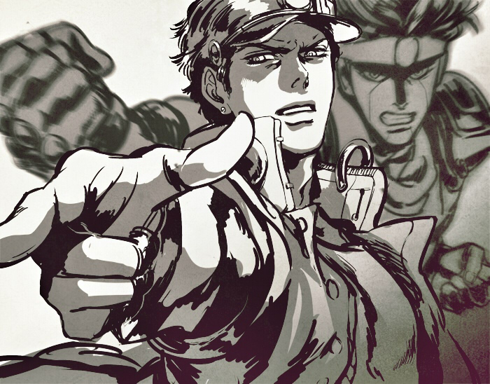 2boys, ataraxa, blurry, hat, jojo_no_kimyou_na_bouken, kuujou_joutarou, monochrome, multiple_boys