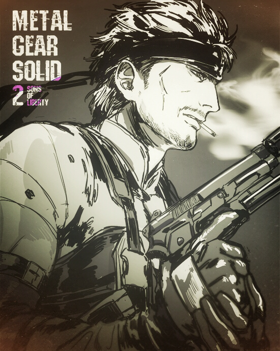 1boy, ataraxa, cigarette, facial_hair, headband, metal_gear_solid, monochrome, smoke