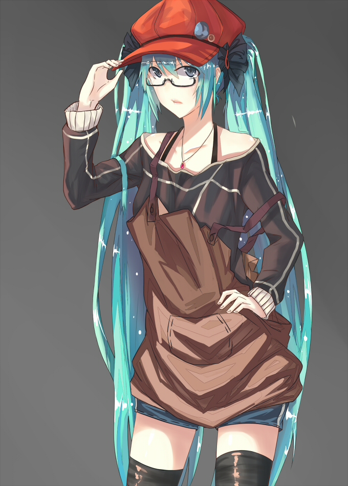 1girl, a5125924, apron, aqua_hair, bespectacled, glasses, hand_on_hat, hand_on_hip