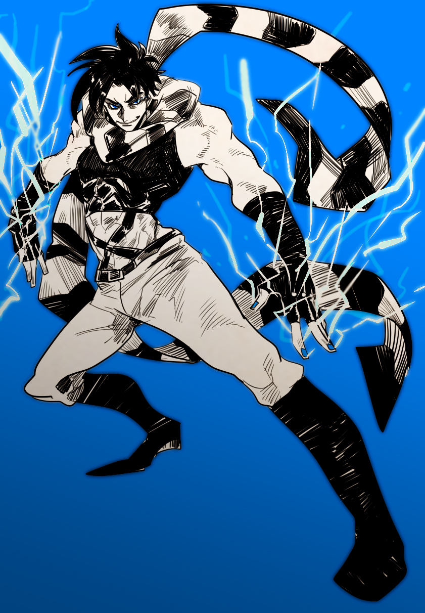 1boy, blue_eyes, boots, electricity, fingerless_gloves, gloves, highres, jojo_no_kimyou_na_bouken