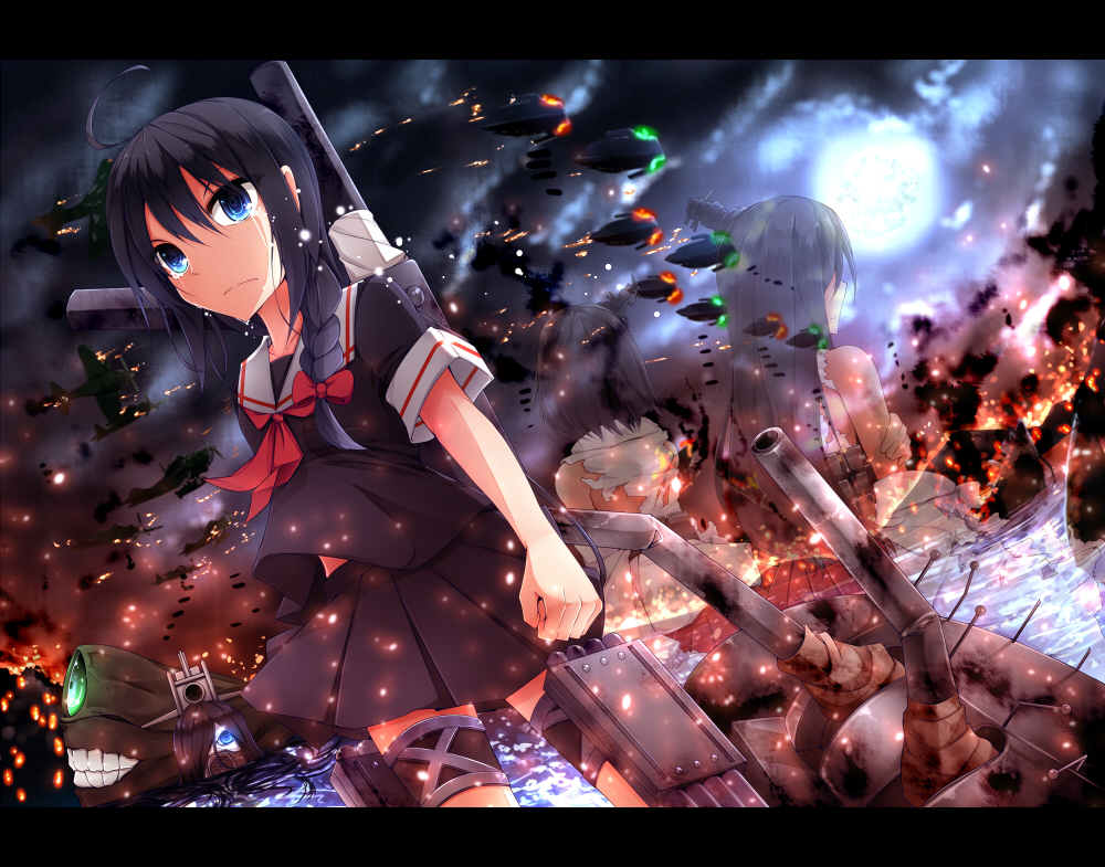 3girls, black_hair, blue_eyes, boat, bow, braid, embers, from_behind, fusou_(kantai_collection), hair_bow, kantai_collection, long_hair, midori_(misuriru8), missles, moon, multiple_girls, school_uniform, serafuku, shigure_(kantai_collection), shinkaisei-kan, sky, tears, torn_clothes, water, yamashiro_(kantai_collection)
