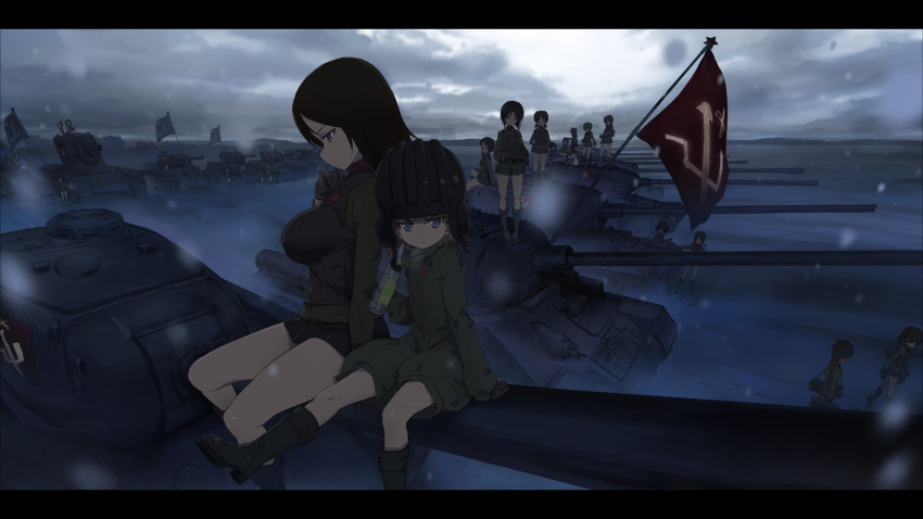 blonde_hair, blue_eyes, boots, bottle, brown_hair, flag, girls_und_panzer, highres, jacket, katyusha, kv-2, long_hair, marshan, military, military_uniform, military_vehicle, multiple_girls, nonna, short_hair, skirt, snow, t-34, tank, uniform, vehicle
