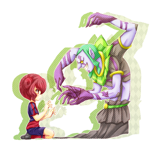 2boys, cat's_cradle, green_hair, grin, hair_bun, inazuma_eleven_(series), inazuma_eleven_go, iris_stella, kijutsuma_purim, male, mannouzaka, mitsuyoshi_yozakura, multiple_arms, multiple_boys, pointy_ears, seiza, simple_background, sitting, smile, soccer_uniform, white_background, yellow_eyes