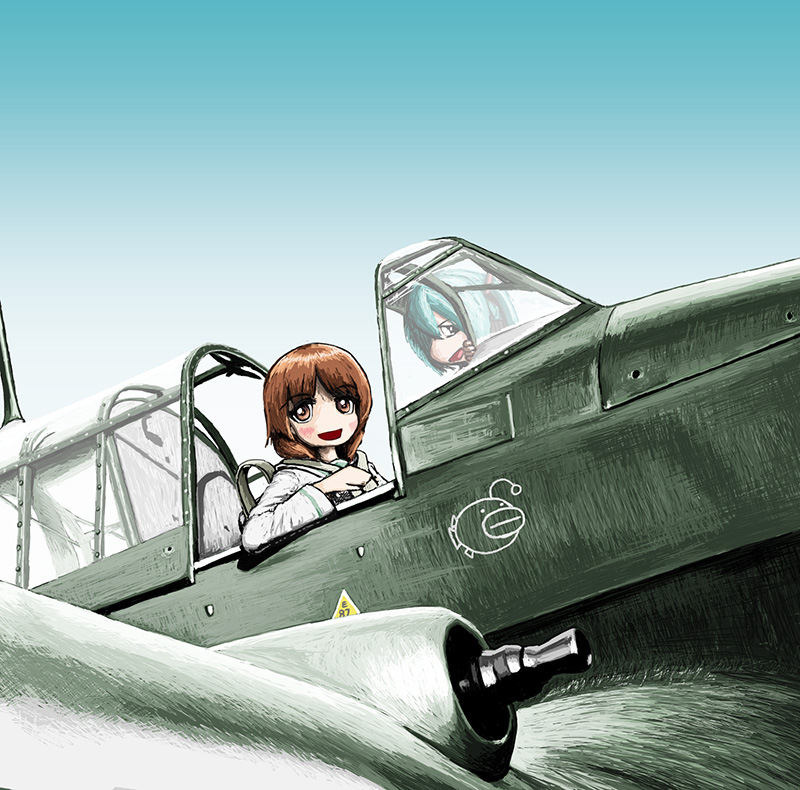 airplane, anglerfish, crossover, girls_und_panzer, hatsune_miku, junkers_ju_87, military, nishizumi_miho