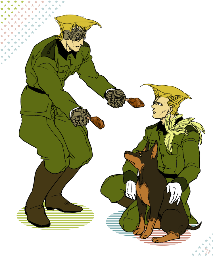 2boys, 74-gou_(73-gou), blonde_hair, cyborg, doberman, dog, fritz_von_stroheim, jojo_no_kimyou_na_bouken, military, military_uniform, monocle, multiple_boys, rudolph_von_stroheim, steel_ball_run, uniform