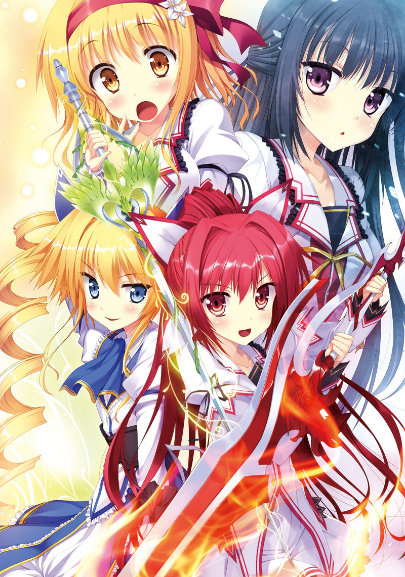 4girls, :d, blonde_hair, blue_eyes, blue_hair, drill_hair, eve_elain_austin, flame