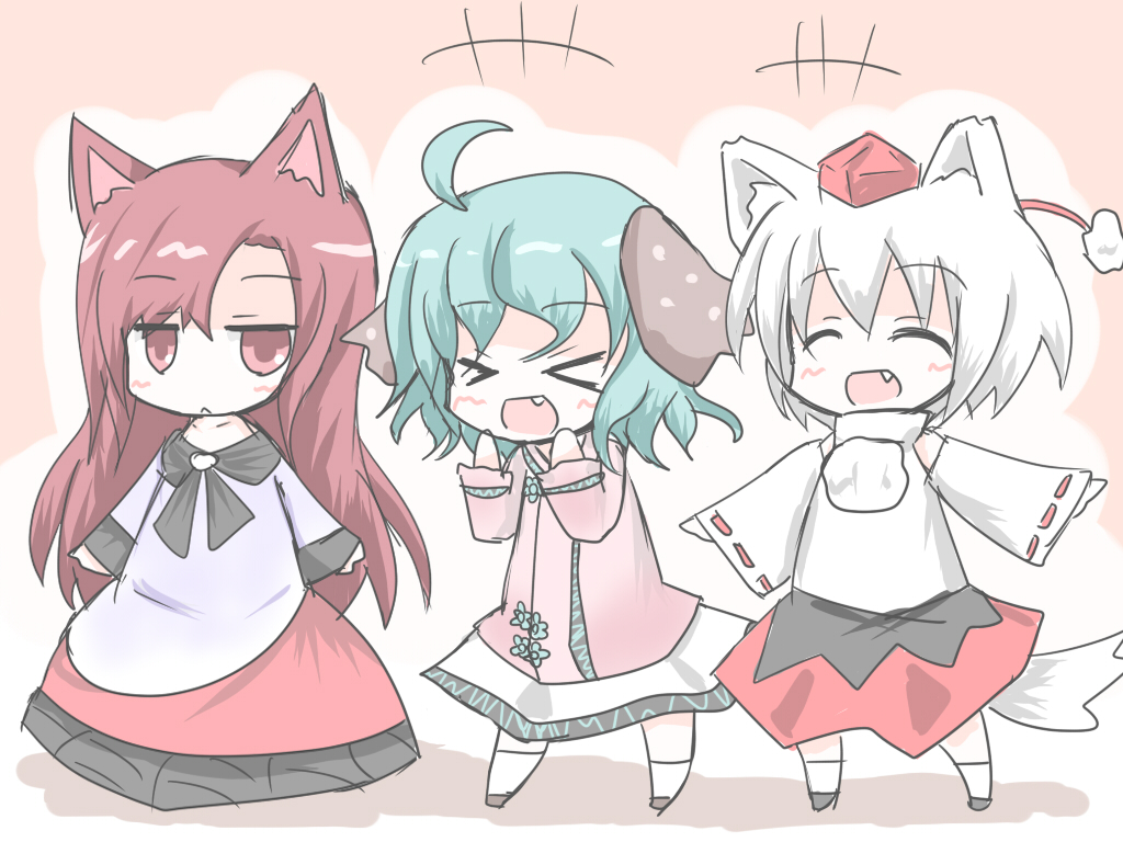 >_<, 3girls, animal_ears, brooch, brown_eyes, brown_hair, chibi, closed_eyes, fang, flat_gaze, green_hair, hat, ibuki_(clover_club), imaizumi_kagerou, inubashiri_momiji, jewelry, kasodani_kyouko, long_hair, long_sleeves, multiple_girls, open_mouth, shirt, short_hair, silver_hair, skirt, smile, tail, tokin_hat, touhou, very_long_hair, wide_sleeves, wolf_ears, wolf_tail