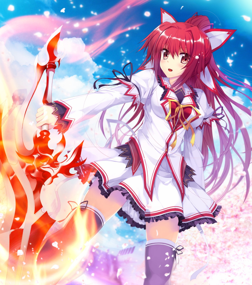 1girl, black_legwear, blue_sky, breasts, cherry_blossoms, clouds, flame, flaming_sword