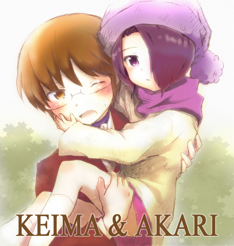 1boy, 1girl, artist_request, blush, brown_eyes, brown_hair, carrying, english