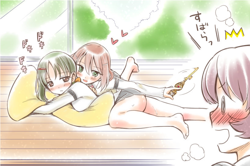3girls, blue_eyes, blush, brown_eyes, brown_hair, couple, cuddling, green_eyes