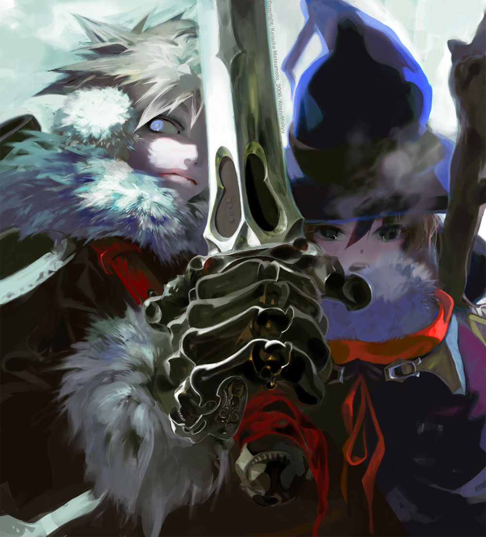 cane, earmuffs, green_eyes, hat, short_hair, sword, tokiya, weapon, white_eyes, white_hair, winter_clothes