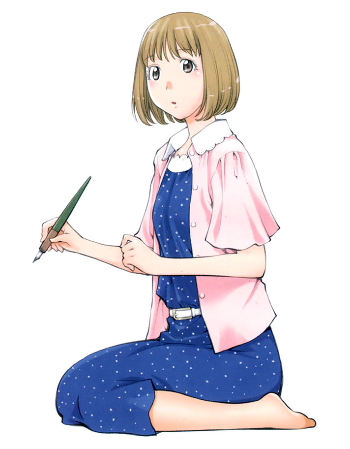 1boy, barefoot, blush, brown_hair, crossdressinging, dress, genshiken, hato_kenjirou
