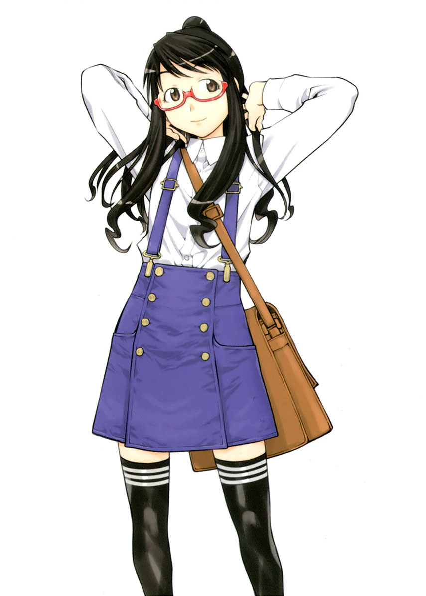 1girl, bag, black_hair, black_legwear, blouse, brown_eyes, genshiken, glasses