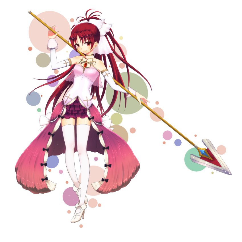 1girl, alternate_color, alternate_costume, bare_shoulders, bow, circle, detached_sleeves, gem, high_heels, highres, long_hair, magical_girl, mahou_shoujo_madoka_magica, polearm, ponytail, red_eyes, redhead, sakura_kyoko, smile, solo, spear, tarufu503cross, thigh-highs, weapon, white_legwear
