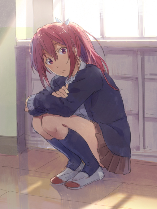 1girl, black_legwear, crossed_arms, free!, hair_between_eyes, head_tilt, inside, kneehighs, leaning, leaning_forward, long_hair, looking_at_viewer, matsuoka_gou, miniskirt, pleated_skirt, ponytail, red_eyes, redhead, school_uniform, skirt, solo, squatting, window, zukki_(suzukio)