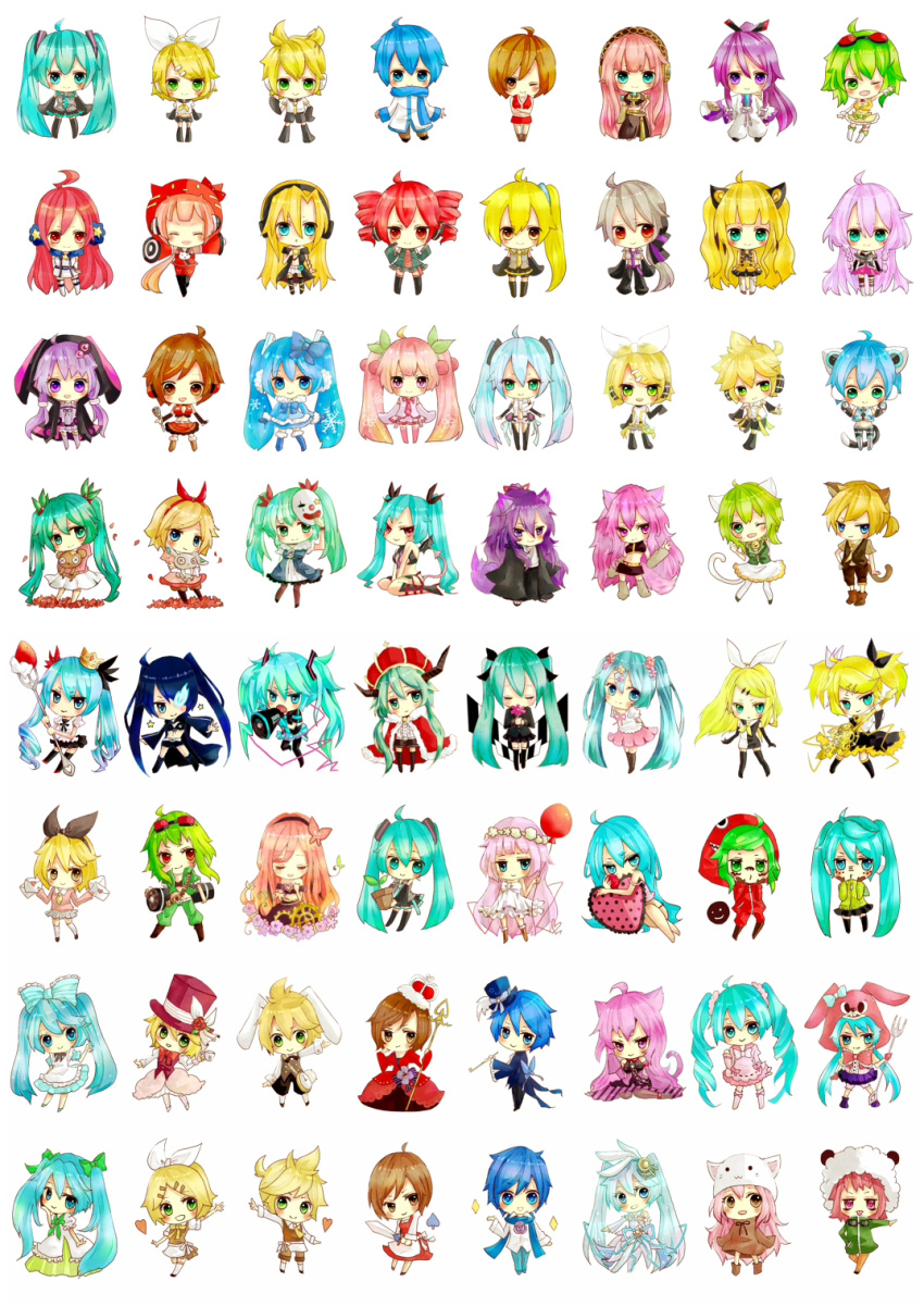 6+boys, 6+girls, ahoge, akita_neru, alice_in_musicland_(vocaloid), animal_ears, aqua_eyes, aqua_hair