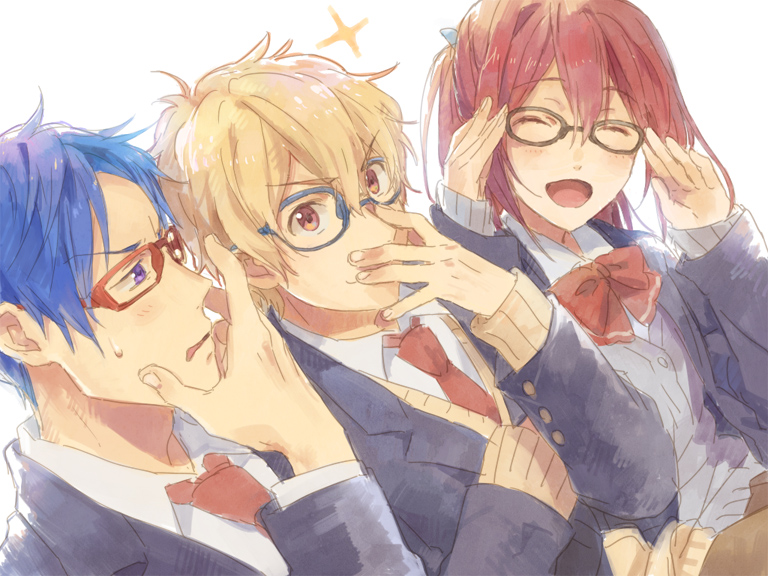 1girl, 2boys, ^_^, arm_up, arms_up, bespectacled, blonde_hair, blue_hair