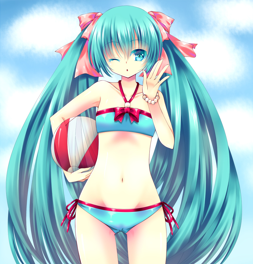 1girl, aqua_eyes, aqua_hair, ball, beachball, bikini, hatsune_miku, highres