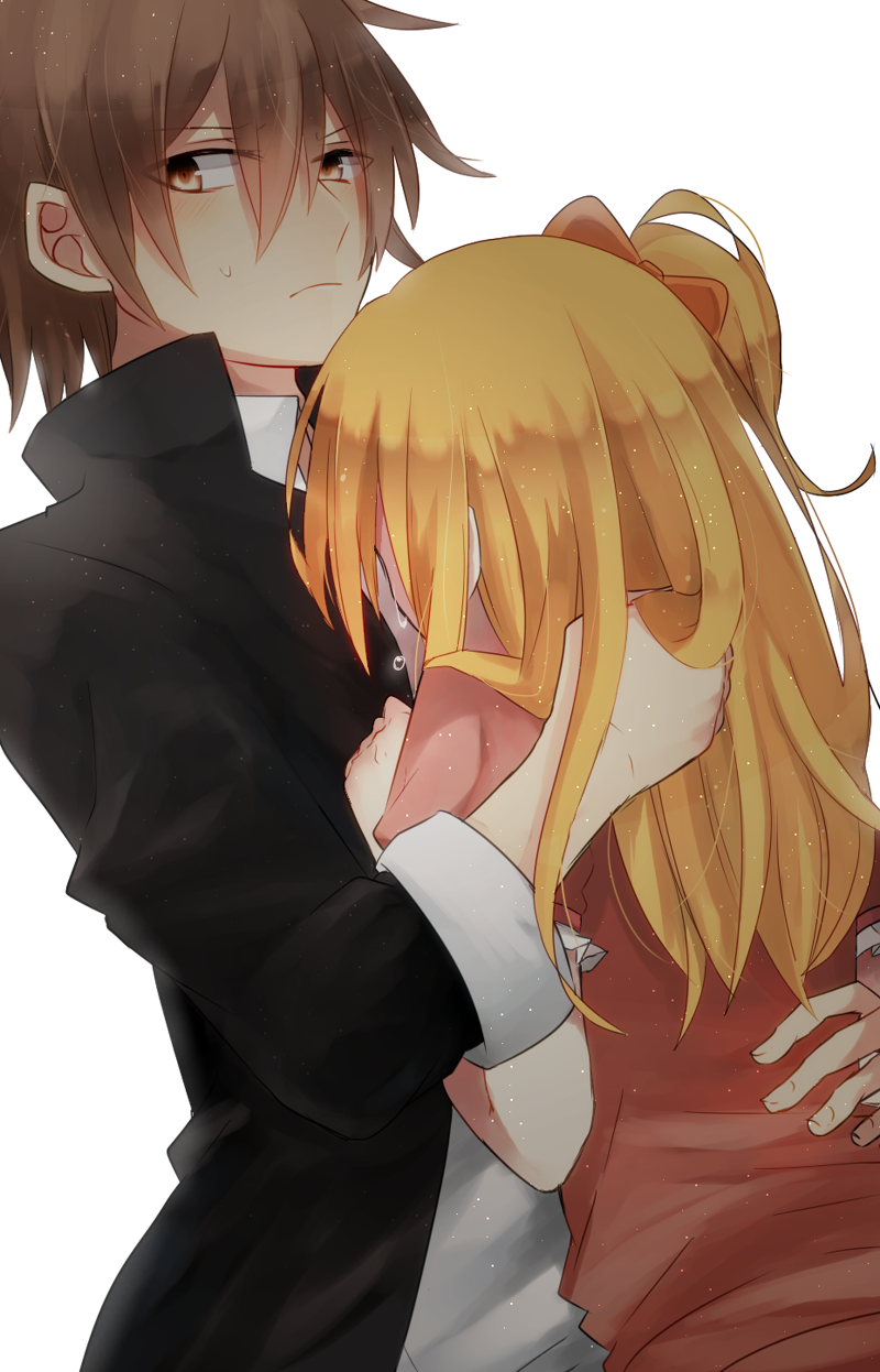 1boy, 1girl, blonde_hair, blush, bow, brown_eyes, brown_hair, gakuran, hair_bow, hibiya_(kagerou_project), highres, hoodie, hug, kagerou_project, kisaragi_momo, long_hair, mono_(boraro4), ribbon, school_uniform, short_hair, side_ponytail, tears, teenage