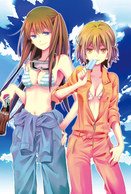 2girls, bikini_top, blue_eyes, bottle, brown_hair, coca-cola, coveralls, kodama_naoko