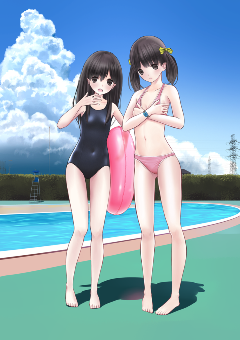 2girls, bikini, black_eyes, black_hair, chikuwa_(glossymmmk), innertube, long_hair, multiple_girls, original, pool, poolside, power_lines, school_swimsuit, swimsuit, twintails