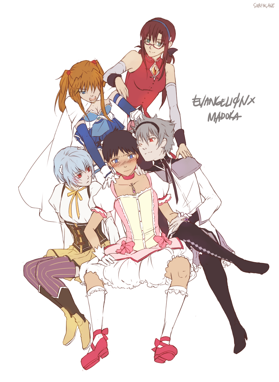 2boys, 3girls, akemi_homura, akemi_homura_(cosplay), argyle, argyle_legwear, ayanami_rei, black_hair