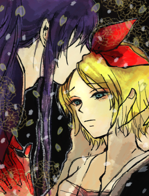 1girl, age_difference, blonde_hair, blood, couple, iroha_uta_(vocaloid), kagamine_rin, kamui_gakupo
