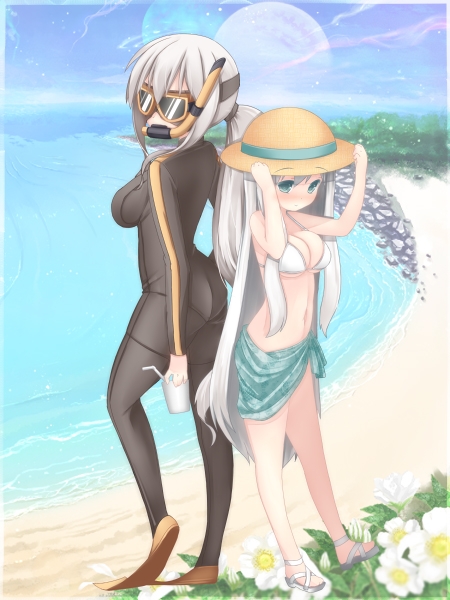 2girls, bikini, diving_mask, goggles, hat, long_hair, multiple_girls, nightmare_cat