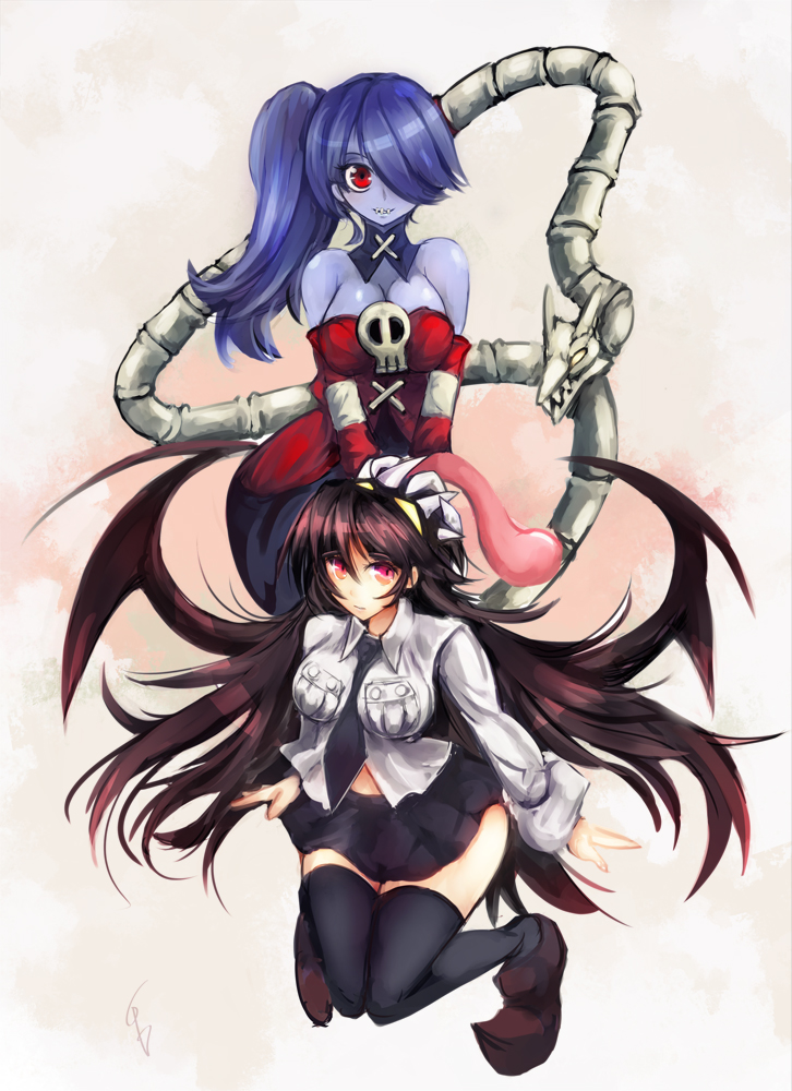 2girls, bare_shoulders, black_hair, black_legwear, blue_hair, blue_skin, breasts, detached_collar