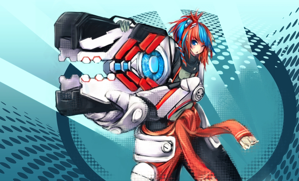 1girl, armor, bangs, blue_eyes, blue_hair, hair_bobbles, hair_ornament, holding