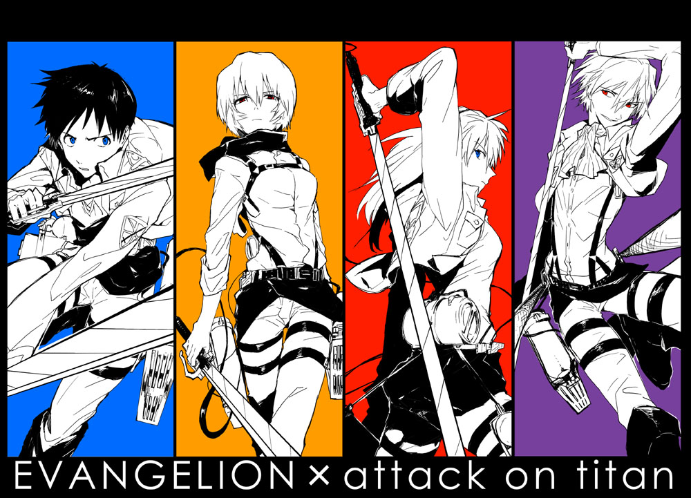 2boys, 2girls, ayanami_rei, cosplay, cravat, eren_jaeger_(cosplay), hosaka_dx, ikari_shinji, levi_(shingeki_no_kyojin)_(cosplay), mikasa_ackerman_(cosplay), multiple_boys, multiple_girls, nagisa_kaworu, neon_genesis_evangelion, scarf, shingeki_no_kyojin, souryuu_asuka_langley