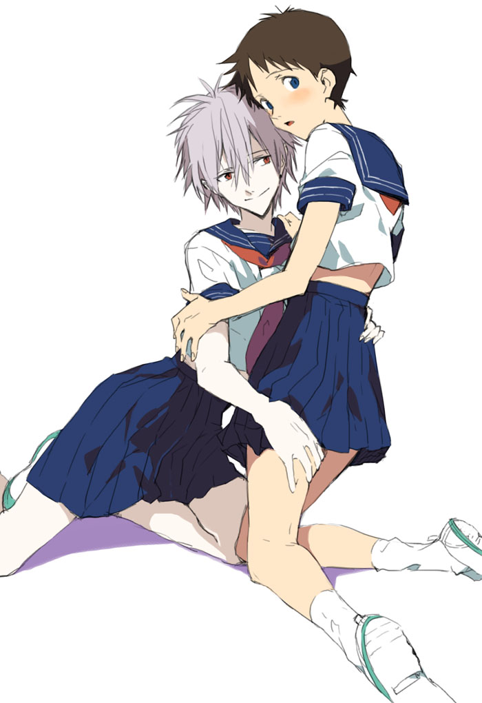 2boys, blue_eyes, blush, brown_hair, crossdressinging, grey_hair, hosaka_dx, ikari_shinji, multiple_boys, nagisa_kaworu, neon_genesis_evangelion, red_eyes, school_uniform, serafuku, skirt, yaoi
