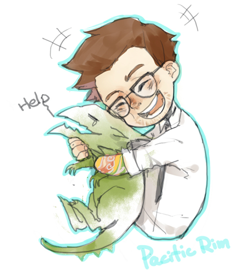 1boy, baby_kaijuu, brown_hair, chibi, facial_hair, glasses, hug, newton_geiszler