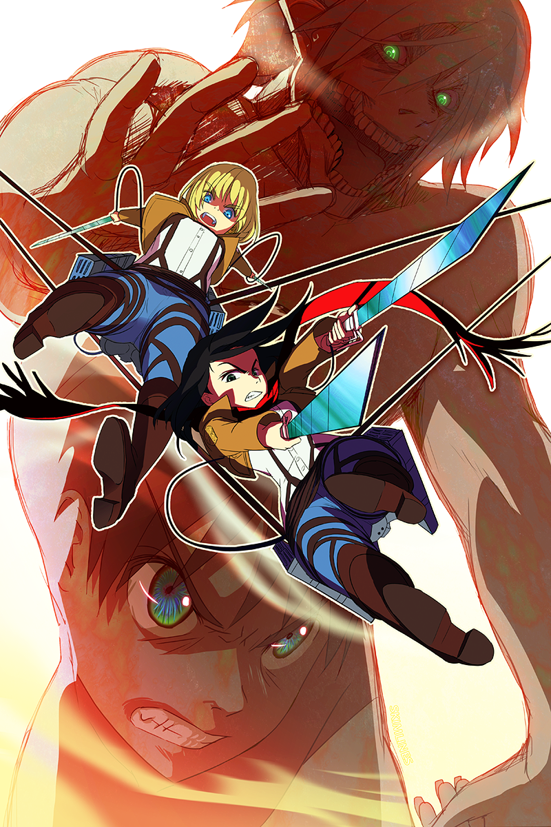1boy, 2girls, black_hair, blonde_hair, blue_eyes, boots, cable, christa_renz