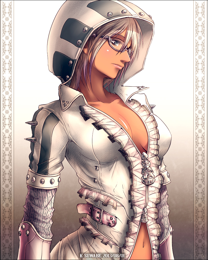 1girl, artist_name, blonde_hair, blue_eyes, breasts, dark_skin, dated, glasses