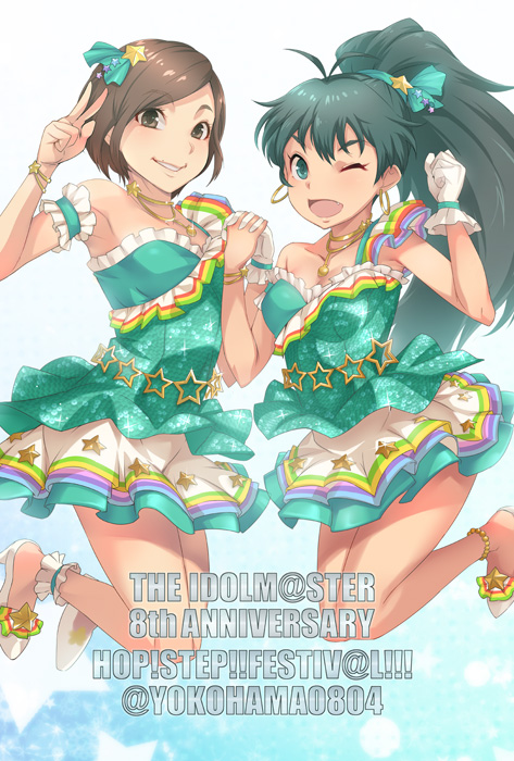 2girls, aqua_eyes, black_hair, brown_eyes, brown_hair, don_michael, fang, ganaha_hibiki