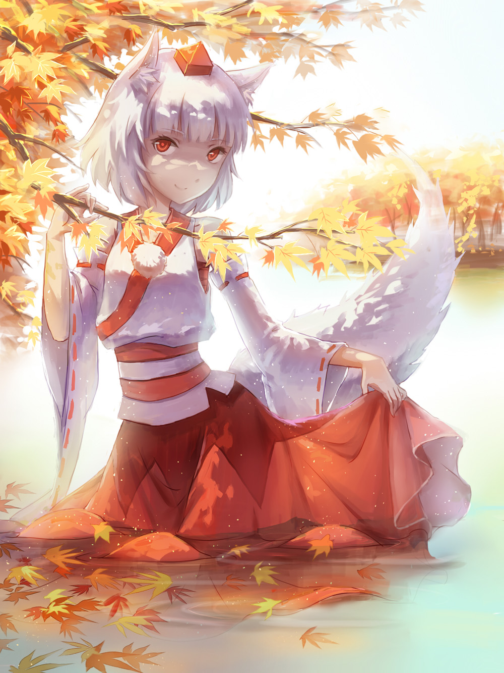 1girl, a_luo, animal_ears, autumn_leaves, detached_sleeves, forest, hat, highres