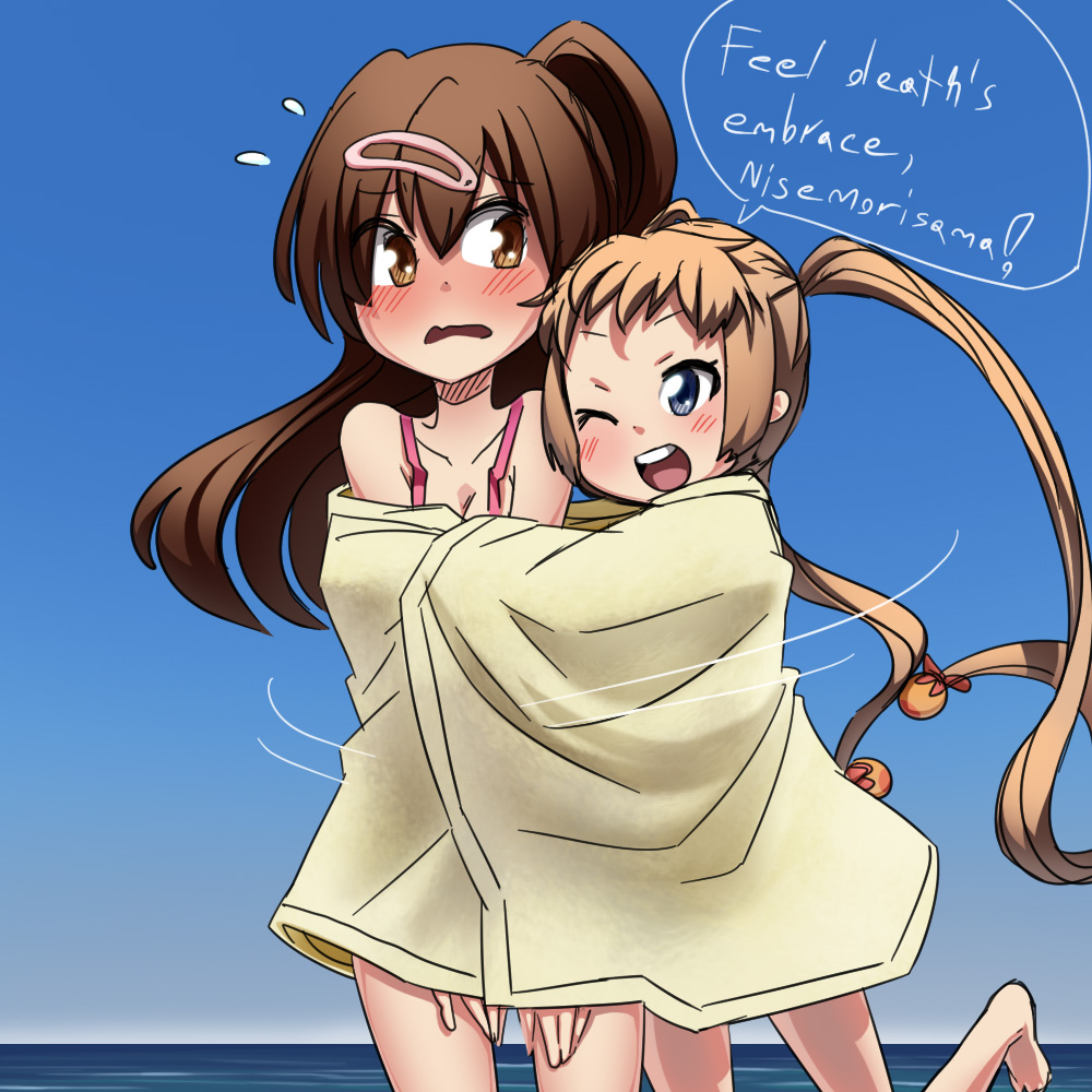 2girls, blonde_hair, blue_eyes, blue_sky, blush, brown_hair, chuunibyou_demo_koi_ga_shitai!, collaboration
