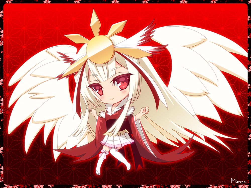 1girl, bare_shoulders, beatmania, beatmania_iidx, bemani, blush, chibi, hair_ornament, houou_rinka, long_hair, looking_at_viewer, maron_(1212ama), obi, red_eyes, skirt, smile, solo, thigh-highs, white_hair, wings
