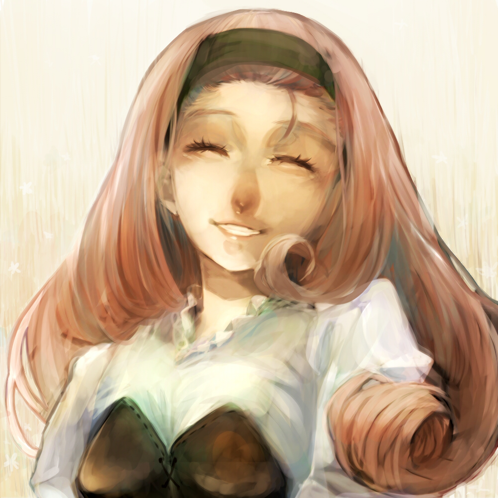 corset, dress, hairband, harvest_moon, kane, long_hair, pink_hair, popuri_(harvest_moon), simple_background, smile, solo