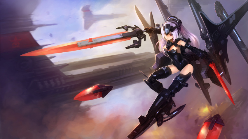 1girl, absurdres, busou_shinki, doll_joints, highres, lavender_hair, mecha_musume, ponytail, sword, tempesta, weapon