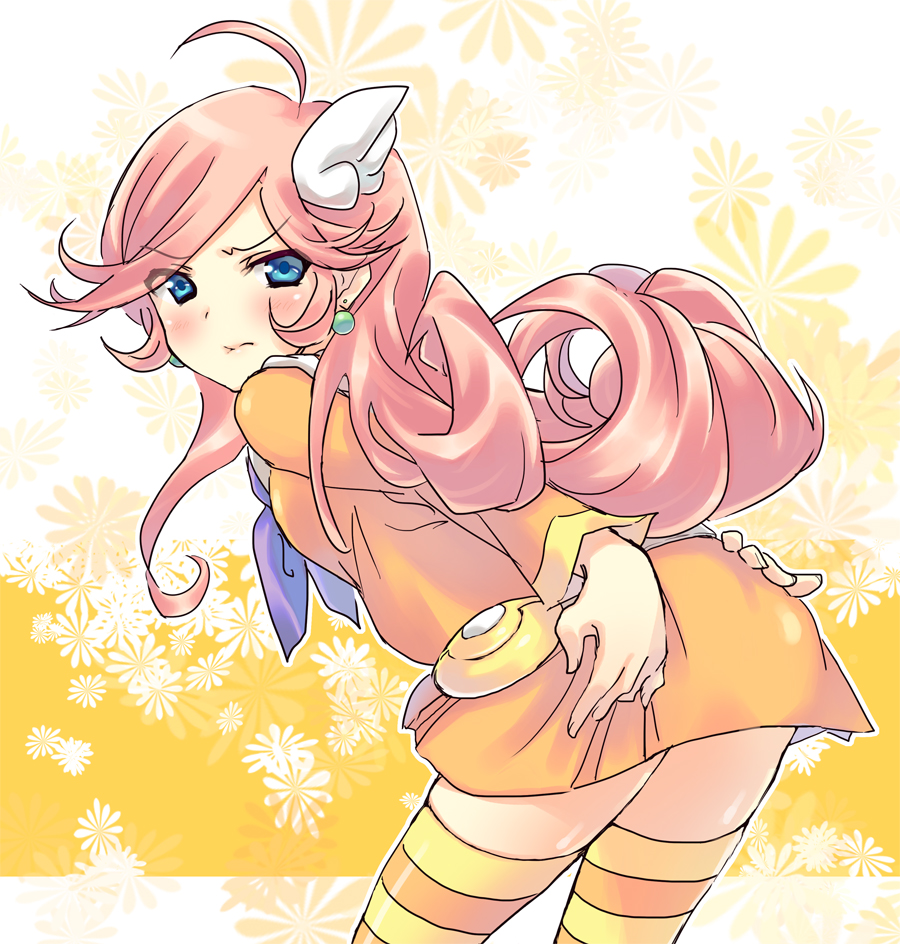 1girl, angry, ass, ass_grab, blue_eyes, curly_hair, dress, earrings