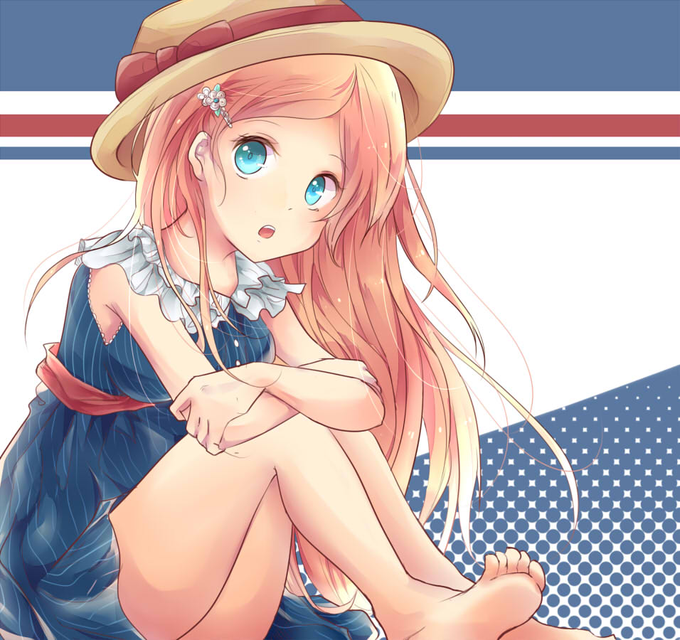 1girl, barefoot, blue_eyes, dress, hair_ornament, hairclip, hat, legs