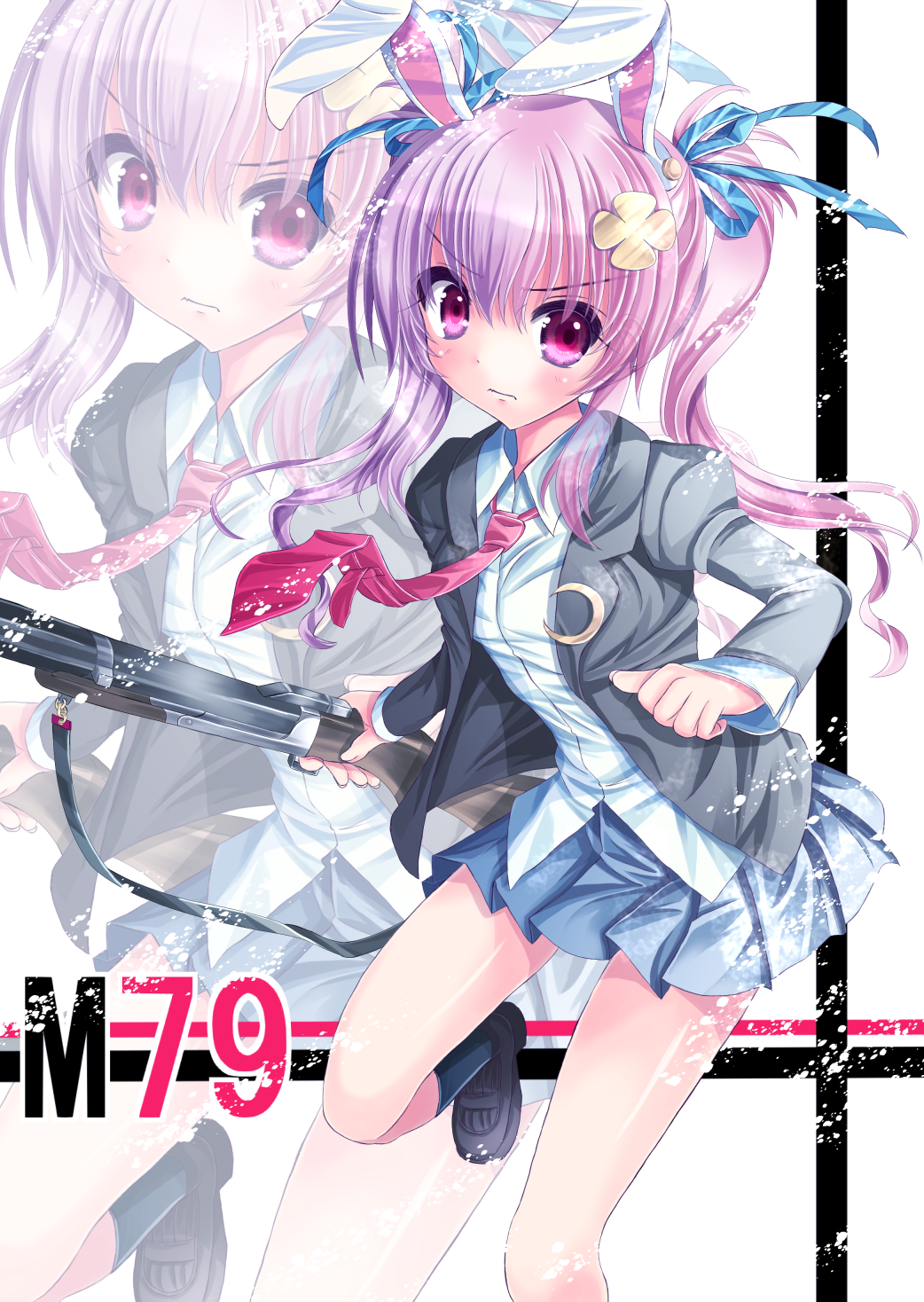 1girl, animal_ears, blazer, grenade_launcher, hair_ribbon, highres, konpotsu, m79